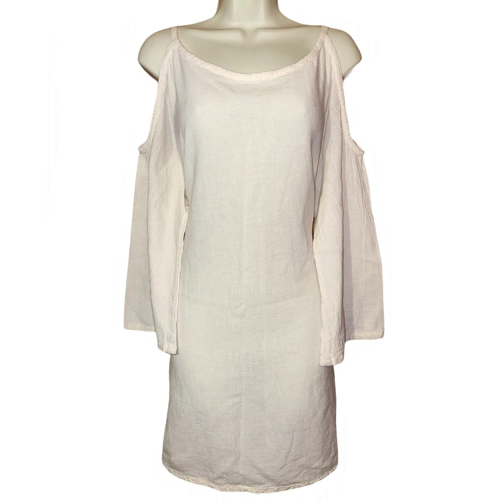 GAUZEWAY OFF THE SHOULDER LIGHTWEIGHT LINEN COTTON BELL SLEEVE CUTOUT MINI DRESS